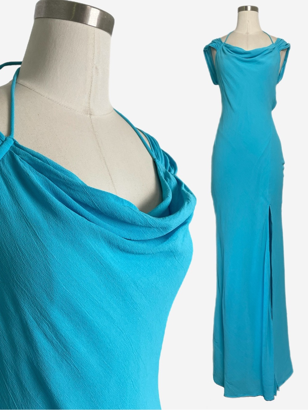 ASOS Design Blue cap sleeve halter open back high slit bias cut maxi gown XS/S